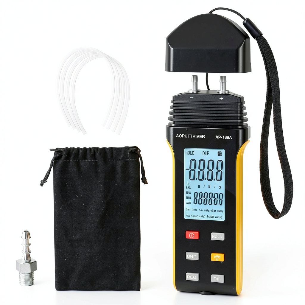AOPUTTRIVER AP-189A manometer displaying pressure readings on backlit screen