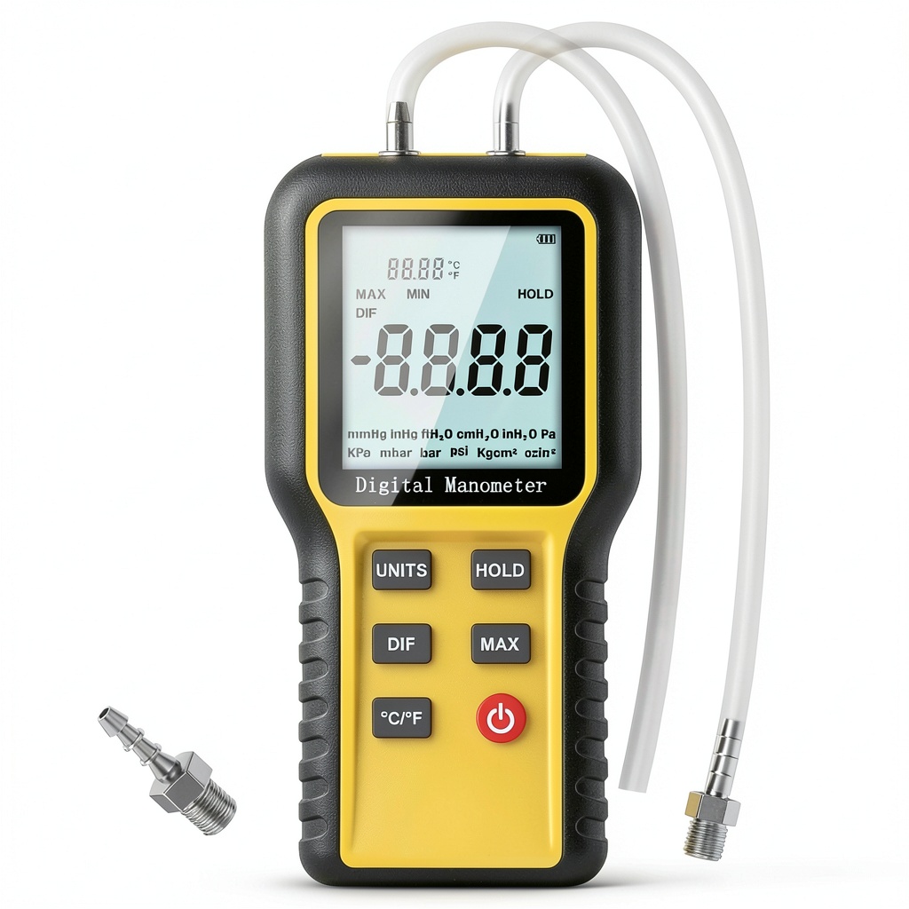 LYCEBELL Digital Manometer displaying pressure readings on LCD screen