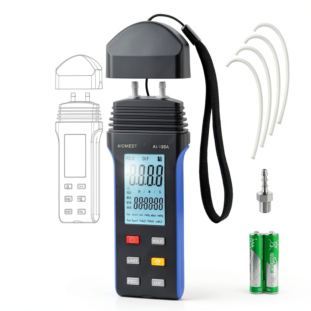 AIOMEST digital manometer displaying pressure readings on backlit screen