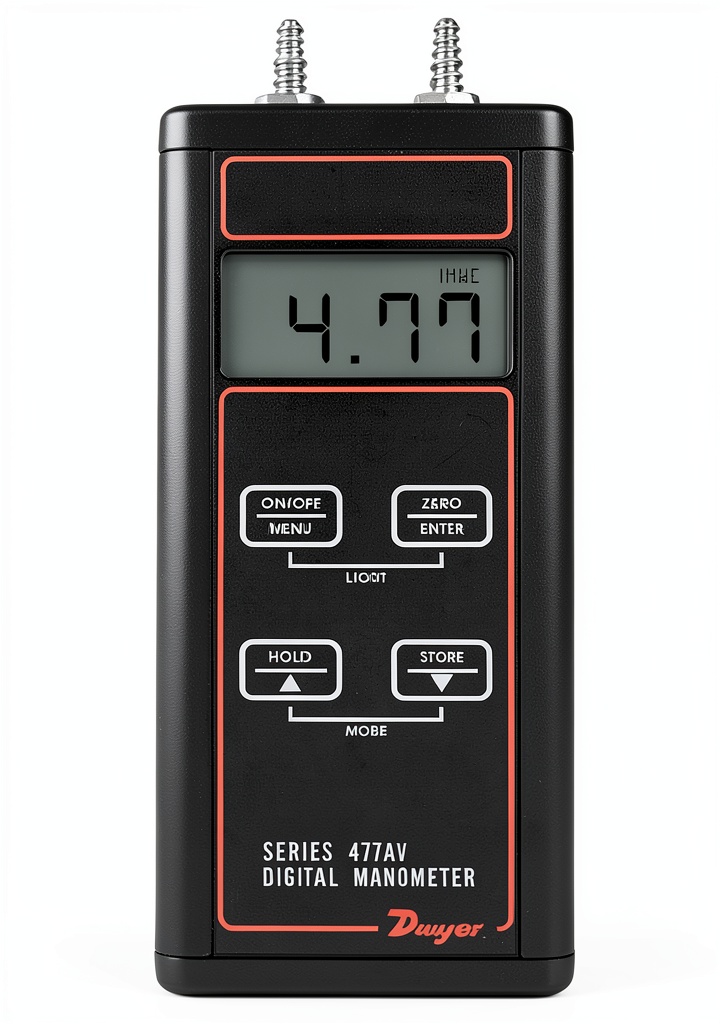 Dwyer 477AV-3 digital manometer displaying pressure readings in an industrial setting