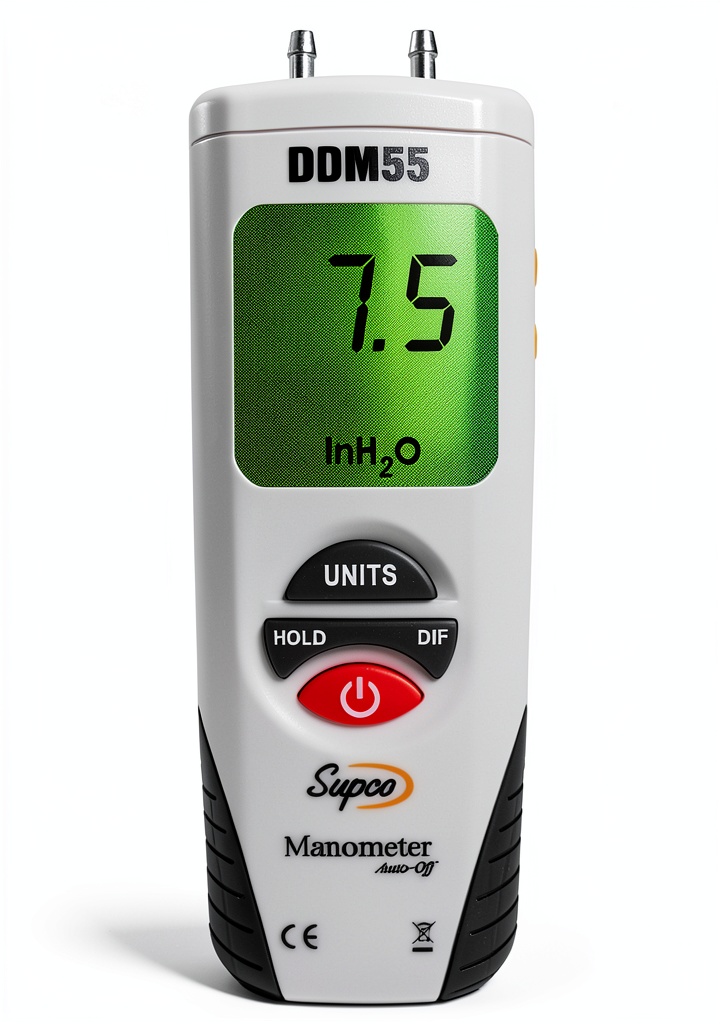 'Supco DDM55 manometer displaying pressure measurement on LCD screen'