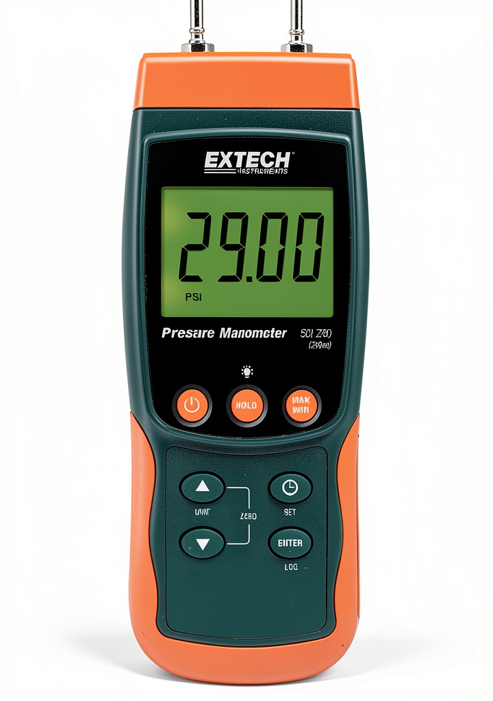 Extech SDL720 manometer displaying pressure readings on backlit LCD